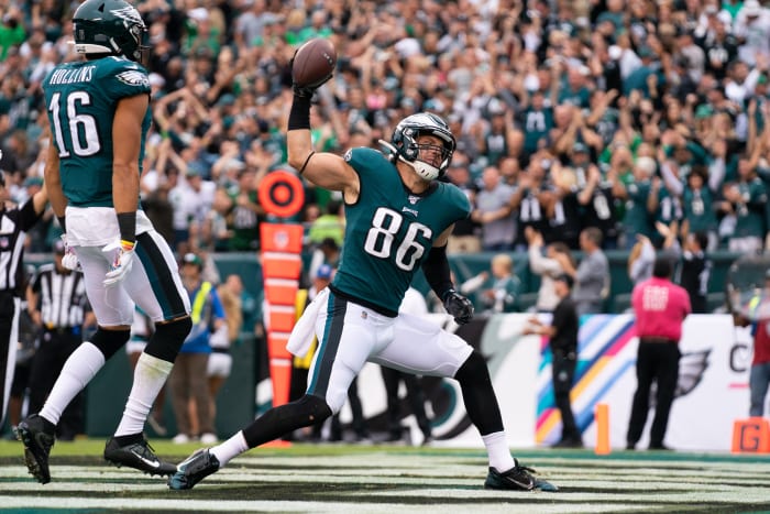 Zach Ertz spikes the ball after scoring his first touchdown of the season.